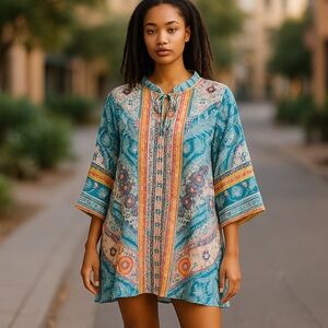 Tribal Boho Shift Dress Size Medium Caftan Bell Sleeve Midi Festival 60s Tunic